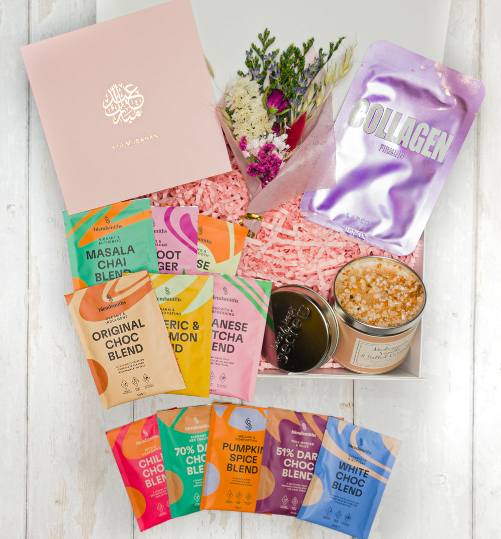 VelouraEmber luxury Eid gift box with candle, collagen face mask, and warm drinks