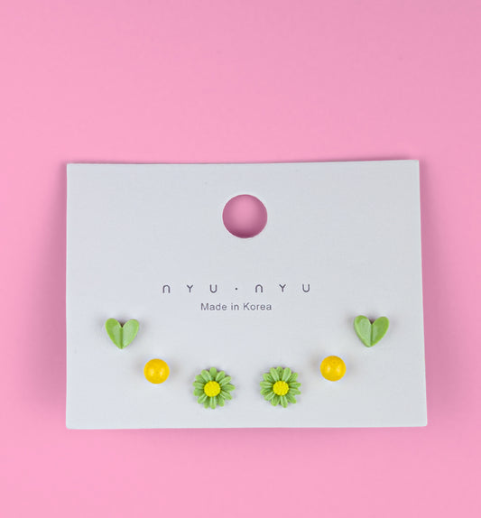 Ceramic Earring Set - Green & Yellow (3 Pairs)