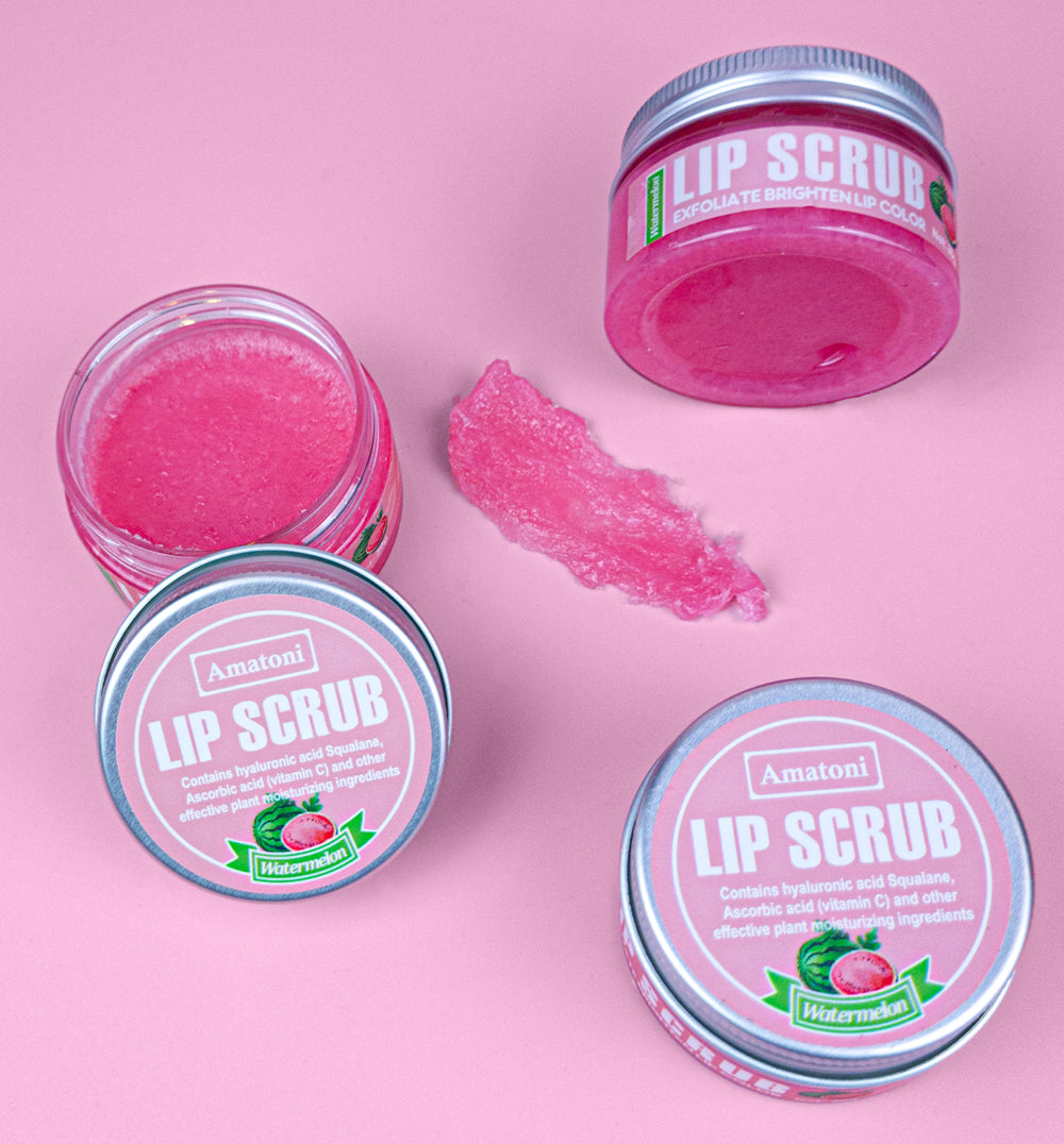 Amatoni watermelon lip scrub for exfoliating and hydrating lips, leaving them soft and smooth.