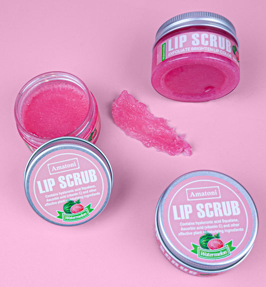 Amatoni watermelon lip scrub for exfoliating and hydrating lips, leaving them soft and smooth.