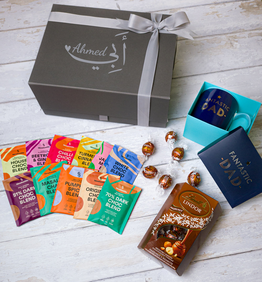 Gift box for dad with “Fantastic Dad” mug, assorted tea blends, and Lindt truffles