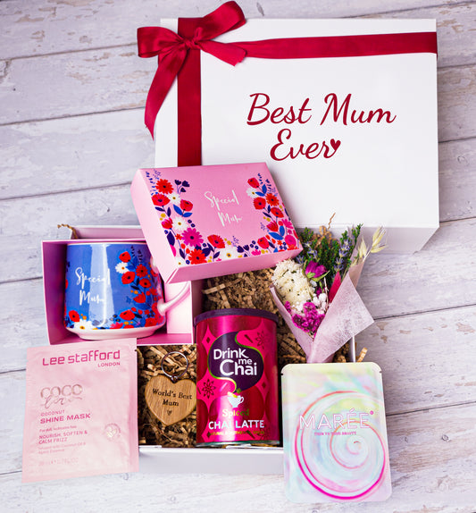 Personalised gift box for mum with mug, hair mask, chai latte, flowers, and keyring
