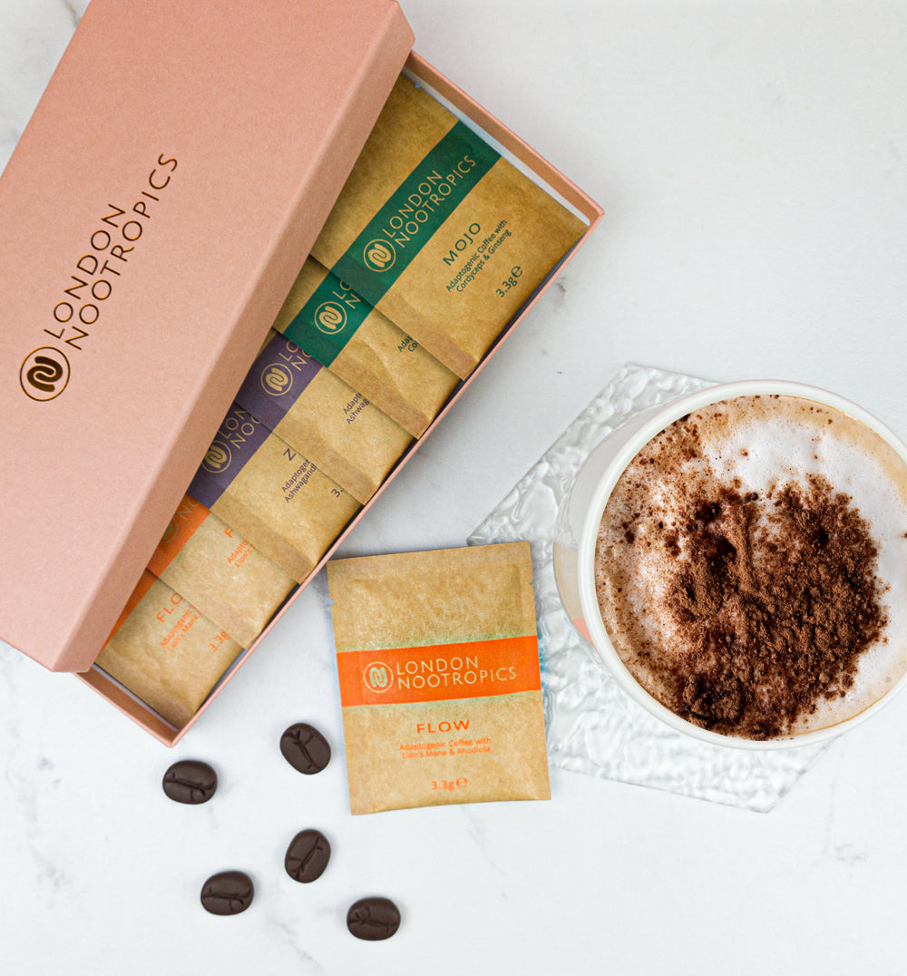Flow Adaptogenic Coffee sachets with Lion’s Mane and Rhodiola for enhanced focus and clarity.