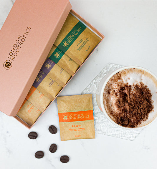 Flow Adaptogenic Coffee sachets with Lion’s Mane and Rhodiola for enhanced focus and clarity.
