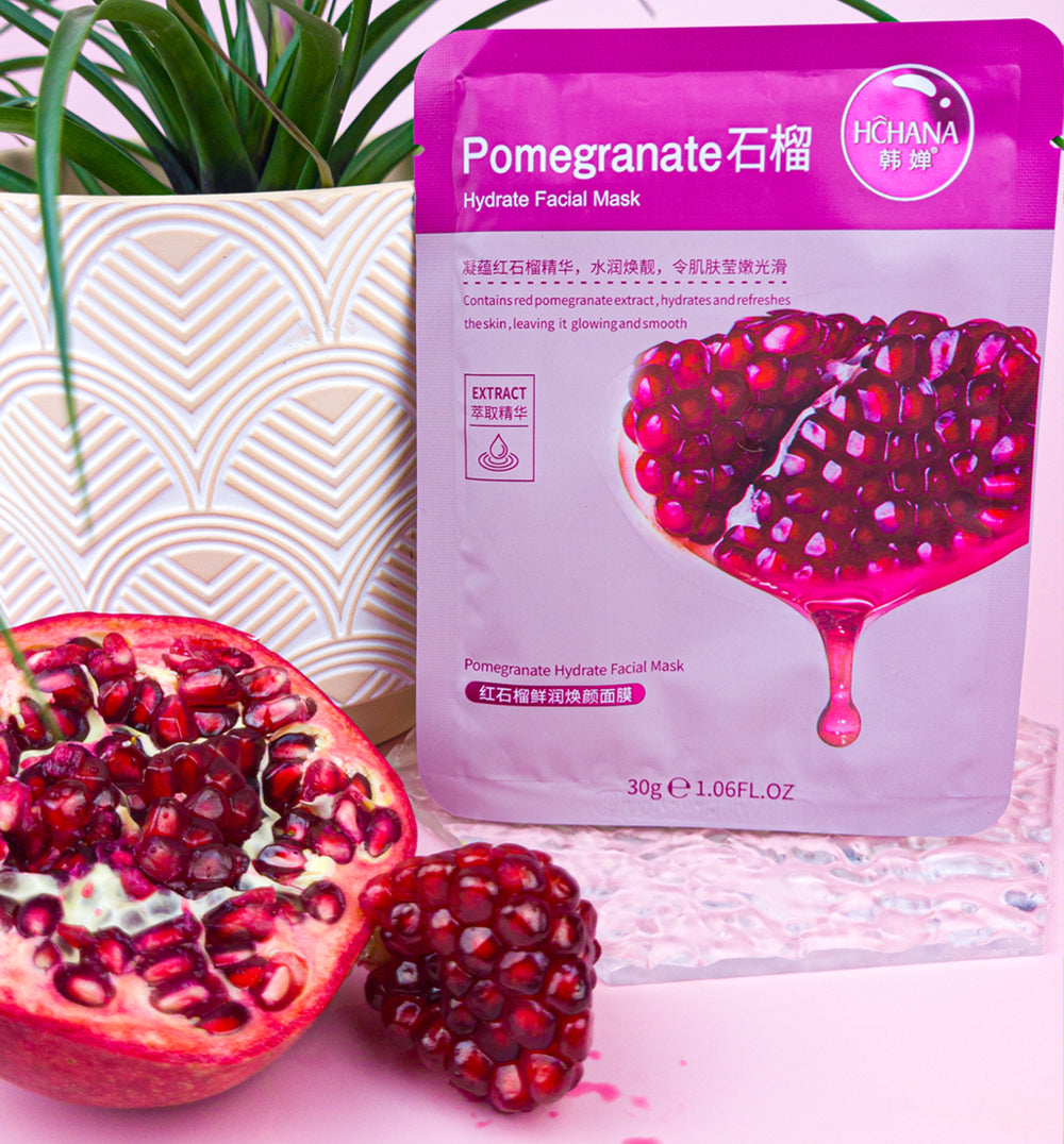 Pomegranate Natural Essence Sheet Mask for rejuvenating and enhancing skin elasticity.