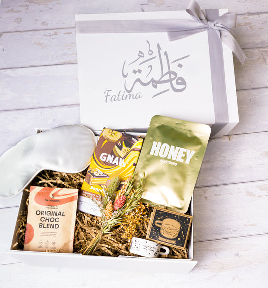 Personalised thank you gift box with chocolate, eye mask, tealight, and dried flowers