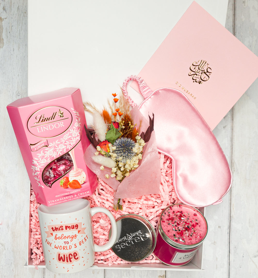 VelouraRouge luxury Eid gift box for wife with oud candle and satin mask