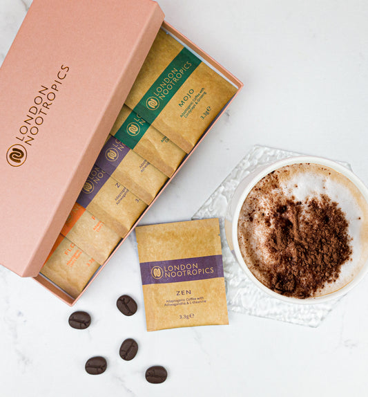 Zen Adaptogenic Coffee sachets with Ashwagandha and L-theanine for relaxation and mental clarity.